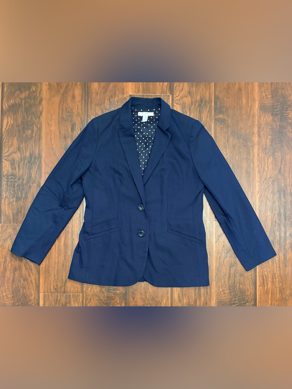 Chico’s Navy Blue Stretch Blazer Polka Dot Lining Size 1